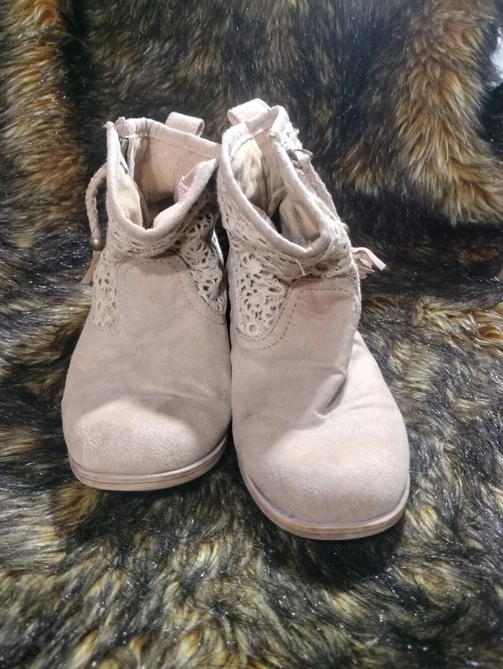 Roxy Taupe Suede Ankle Boots with Crochet Cuff